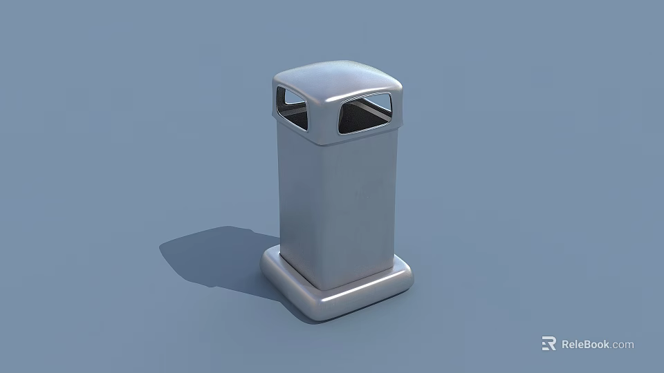 Public Facility Silver Metal Trash Bin With Double Openings And Square Base 3d model