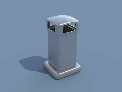 Public Facility Silver Metal Trash Bin With Double Openings And Square Base 3d model