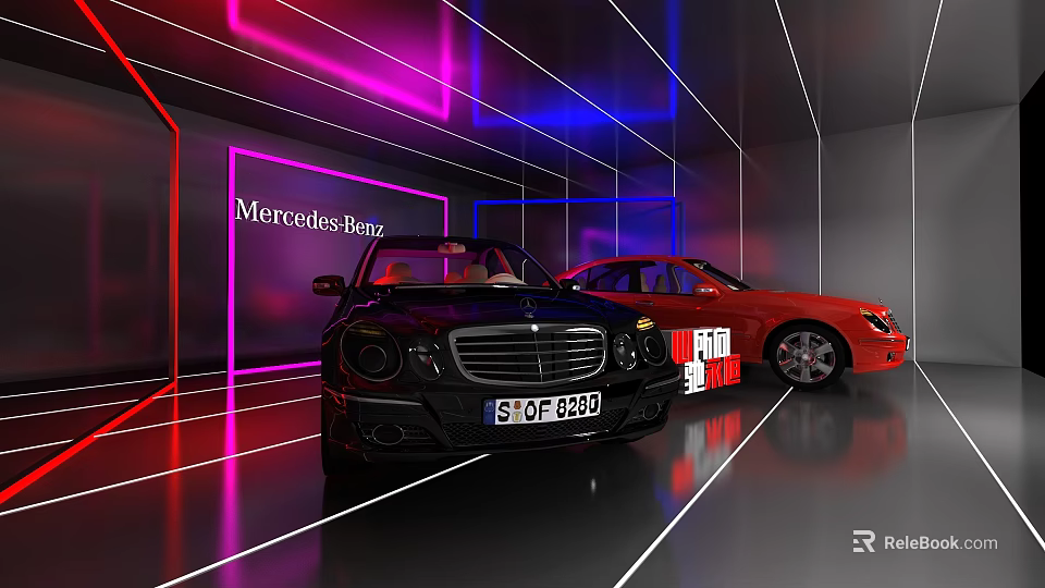 Black and Red Mercedes Benz Cars on Display with Neon Lights Background 3d model 