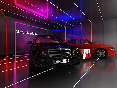 Black and Red Mercedes Benz Cars on Display with Neon Lights Background 3d model