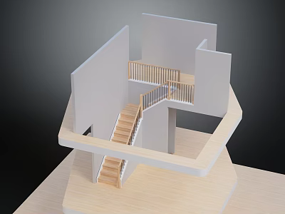 Architectural Building Model Featuring Wooden Stairs And Balcony Railings With Multi Level Platform Design 3d model