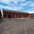 Traditional Ancient Chinese Architecture With Red Pillars Open Courtyard And River View Stone Bridge