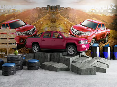 Red Pickup Trucks Display In Mountainous Terrain With Tires And Stone Blocks 3d model