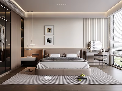 Modern Bedroom Interior With Bed Wall Art Open Wardrobe And Dressing Table 3d model