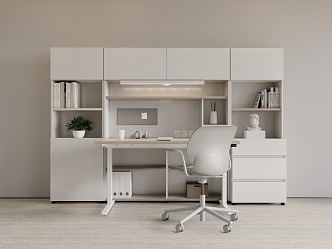 Cream Style Study Studio Desk and Chair suit Office Desk and Chair Combination Workbench Bookcase Bookshelf 3d model