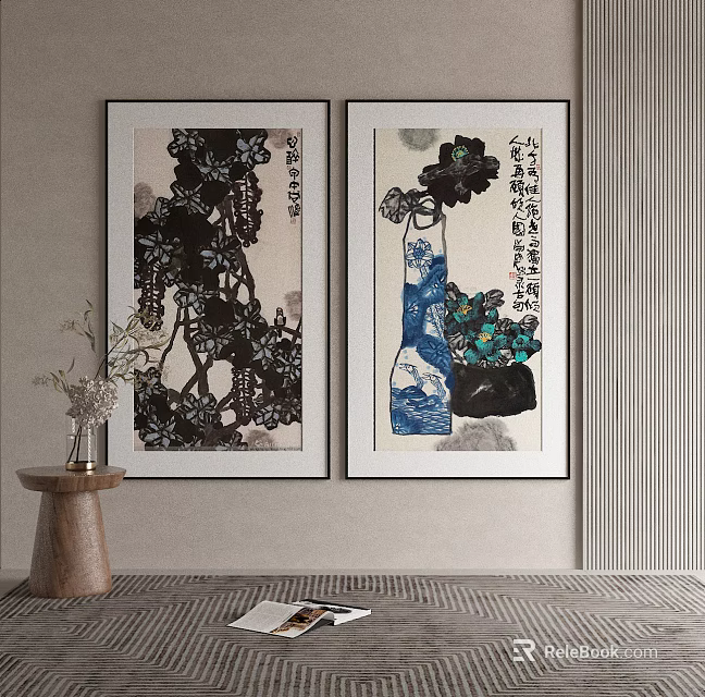 Traditional Chinese Art Paintings Hanging On Wall With Decorative Vase And Wooden Table 3d model 