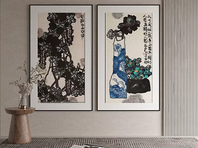 Traditional Chinese Art Paintings Hanging On Wall With Decorative Vase And Wooden Table 3d model