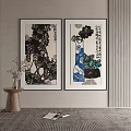 Traditional Chinese Art Paintings Hanging On Wall With Decorative Vase And Wooden Table