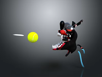 Black Cartoon Creature Character With Red Nose Sharp Teeth Holding Weapon Near Yellow Tennis Ball 3d model