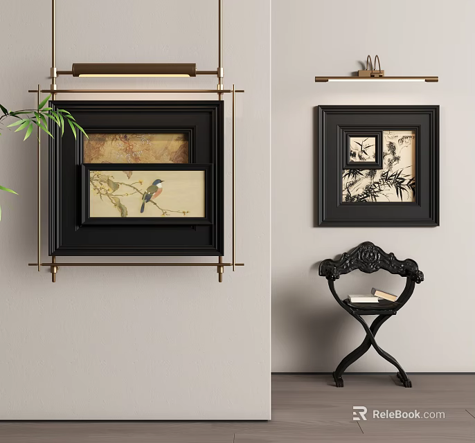 Chinese Landscape Paintings In Black Frames With Chair And Plant 3d model 