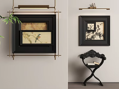 Chinese Landscape Paintings In Black Frames With Chair And Plant 3d model