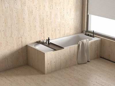 Beige Stone Bathtub Interior With Wooden Shelf Towel And Window Blinds 3d model
