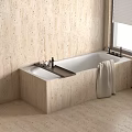 Beige Stone Bathtub Interior With Wooden Shelf Towel And Window Blinds