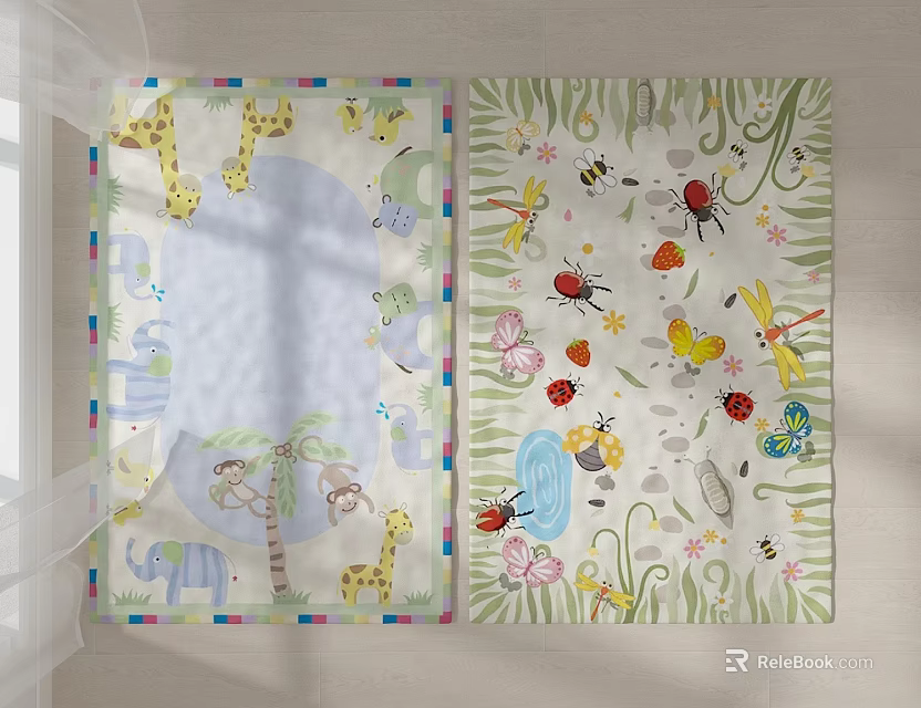 Square Carpets With Colorful Animal Insect Patterns Nature Themed For Kids Room 3d model 