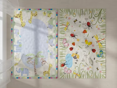 Square Carpets With Colorful Animal Insect Patterns Nature Themed For Kids Room 3d model