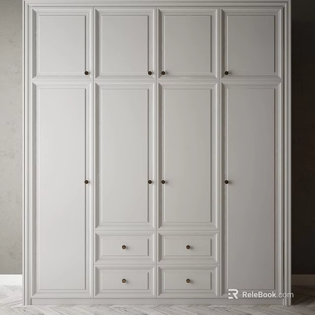 Modern White Wardrobe Design With Panel Doors And Lower Storage Drawers 3d model 