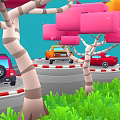 Colorful Cartoon Trees With Yellow Pink Block Shaped Canopies And White Trunks On Blue Background