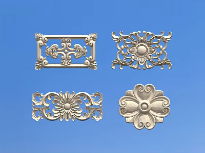 Carved Decorative Ornaments Silver Intricate Patterns On Blue Background With Various Floral And Geometric Shapes 3d model