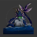 Blue Dragon Sculpture With Purple Wings Tail And Green Decorations On Rock Water Base