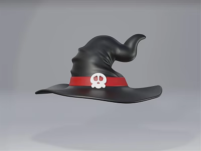 Stylish Black Witch Hat Featuring Red Band and White Skull Design 3d model