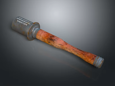 Fragmentation Hand Grenade With Metal Body And Worn Rusted Wooden Handle 3d model