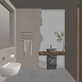 Natural Style Bathroom Interior With Backlit Mirror Stone Vanity Towel Rack And Window Blinds