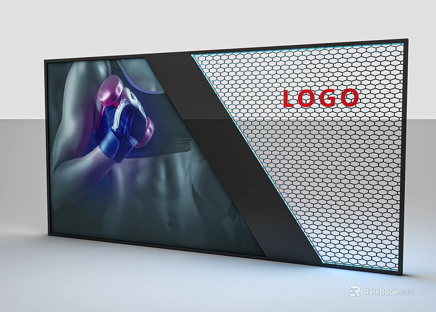 Decorative Screen Featuring Black Frame Red Logo Honeycomb Pattern And Boxing Gloves 3d model