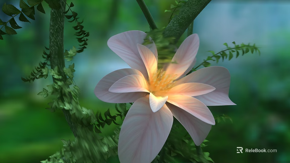 Beautiful Pink Flower With Soft Petals And Green Vines In Natural Garden 3d model 