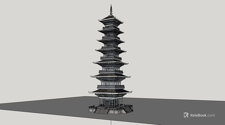 Traditional Multi Tiered Pagoda With Spire Overhanging Eaves And Base Platform 3d model 