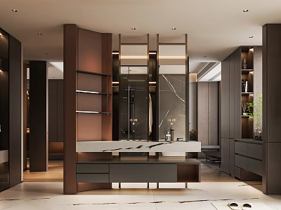 Modern Bathroom Interior Design With Marble Countertop Mirror And Wooden Cabinets 3d model