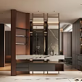 Modern Bathroom Interior Design With Marble Countertop Mirror And Wooden Cabinets