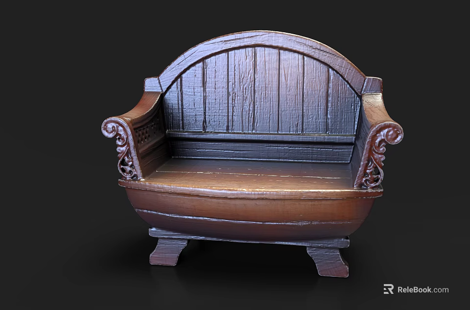 Vintage Wooden Outdoor Sofa With Curved Backrest And Ornate Carved Details 3d model 