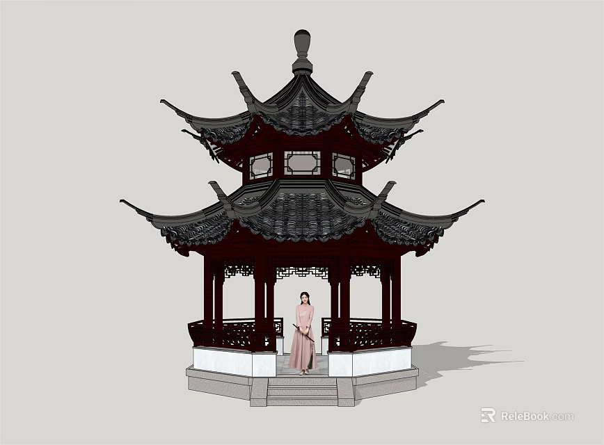 Traditional Chinese Pavilion With Curved Eaves And Person In Classical Robe 3d model 