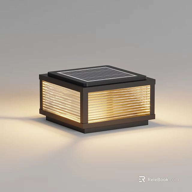 Outdoor Solar Light Square Design With Black Frame And Striped Translucent Shade Emitting Warm Glow 3d model 