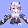 Anime Character With Gray Twin Tails Demon Horns Wings And Panda Bag
