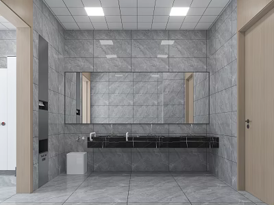 Public Restroom Interior With Gray Marble Tile Walls Large Mirror Black Countertop And Double Sinks 3d model