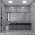 Public Restroom Interior With Gray Marble Tile Walls Large Mirror Black Countertop And Double Sinks