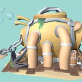 Cartoon Scene with Yellow Structure Window Humanoid Character Wooden Barrels Gears Tools on Wooden Platform