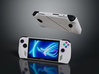 Entertainment Electronics ROG White Handheld Gaming Console Featuring Illuminated Display and Colorful Buttons 3d model