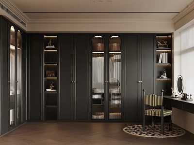Elegant Modern Study Room Interior With Black Cabinets Glass Doors Bookshelves And Striped Chair 3d model