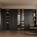 Elegant Modern Study Room Interior With Black Cabinets Glass Doors Bookshelves And Striped Chair