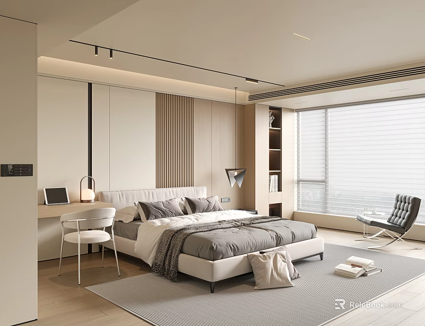 Modern Minimalist Bedroom Interior With Upholstered Bed Desk Chair And Large Window Blinds 3d model 