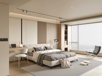 Modern Minimalist Bedroom Interior With Upholstered Bed Desk Chair And Large Window Blinds 3d model