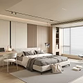 Modern Minimalist Bedroom Interior With Upholstered Bed Desk Chair And Large Window Blinds