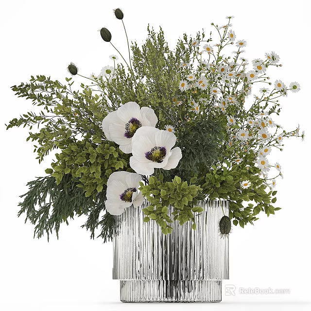 Decorative Ornament Set with Silver Striped Vase White Flowers and Green Plants Arrangement 3d model 