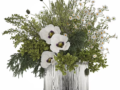 Decorative Ornament Set with Silver Striped Vase White Flowers and Green Plants Arrangement 3d model