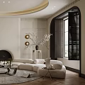 Elegant Modern Living Room Interior With Beige Sofa Red Accent Chair Fireplace And Round Rug
