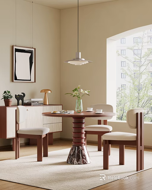 Modern Dining Table Set With Round Top Spiral Leg Upholstered Chairs Near Window Plants And Artwork 3d model 