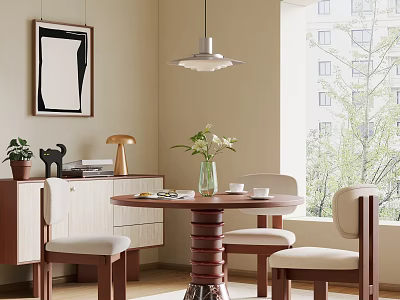 Modern Dining Table Set With Round Top Spiral Leg Upholstered Chairs Near Window Plants And Artwork 3d model