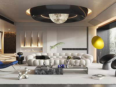 Modern Living Room Interior Design With White Sofa Round Chandelier Coffee Table And Green Plant 3d model